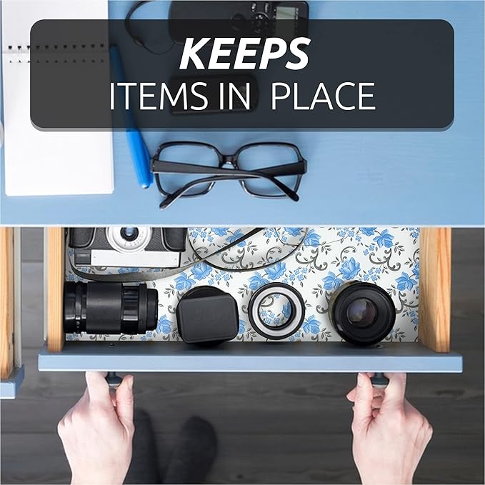FIFTY FEET 12X120 Inch Shelf Liner for Kitchen Cabinets, PVC Drawer Liner for Dresser Non-Slip Bathroom, Non-Adhesive Cabinet Liner Washable (Blue Floral)(9 Roll)