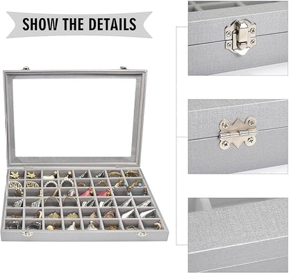 Jewelry Tray Organizer Box 48 Grid Jewelry Display Organizer Box with Transparent Lid Rings Earrings Necklaces Pendants Display Box Suitable for Women and Girls (48 Grid, Silver Grey)