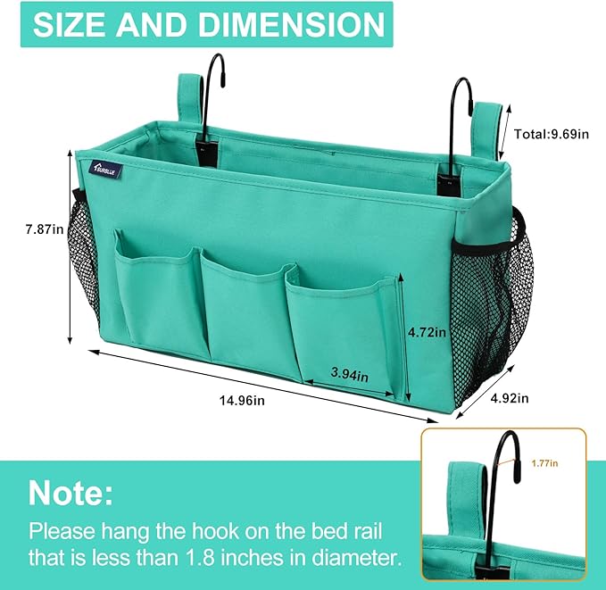 Surblue Bedside Organizer with Hook Hanging Storage Bag with Adjustable Strap and Water Bottle Holder for Home, College Dorm, Hospital Accessories, Crib Bed Rail, Green, 2PCS