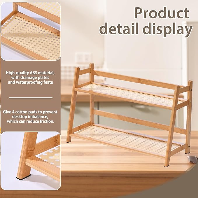 2 Tier Matcha Station Wicker-Look Coffee Station Organizer, Kitchen Counter Shelf for Tea & Coffee Bar, Mug Holder Countertop, Condiment Storage Rack(17Inch)