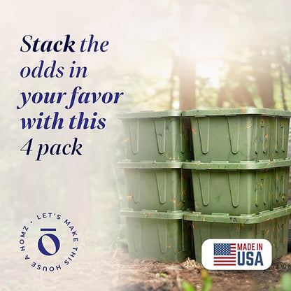HOMZ 4-Pack Durabilt Tote, Heavy Duty Plastic Storage Bins with Lids, 27 Gallon, Green Camo - Stackable Organizing Containers for Home, Garage, and Office