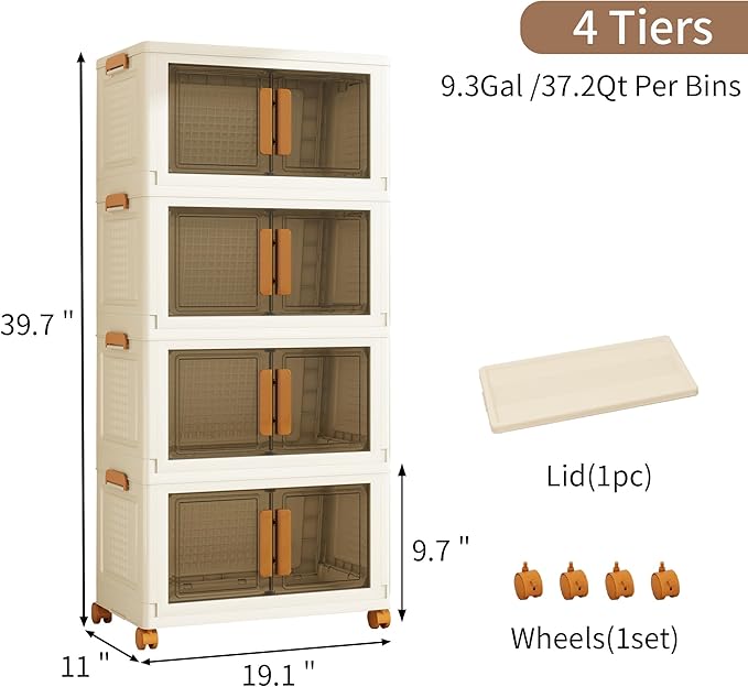 Vavkorkula Plastic Stackable Storage Bins with Lids and Wheels, 148.8QT-37.2QT*4Tier Foldable Storage Containers and Collapsible Clear Storage Cabinet with Doors Ivory White