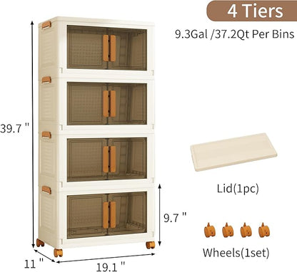 Vavkorkula Plastic Stackable Storage Bins with Lids and Wheels, 148.8QT-37.2QT*4Tier Foldable Storage Containers and Collapsible Clear Storage Cabinet with Doors Ivory White