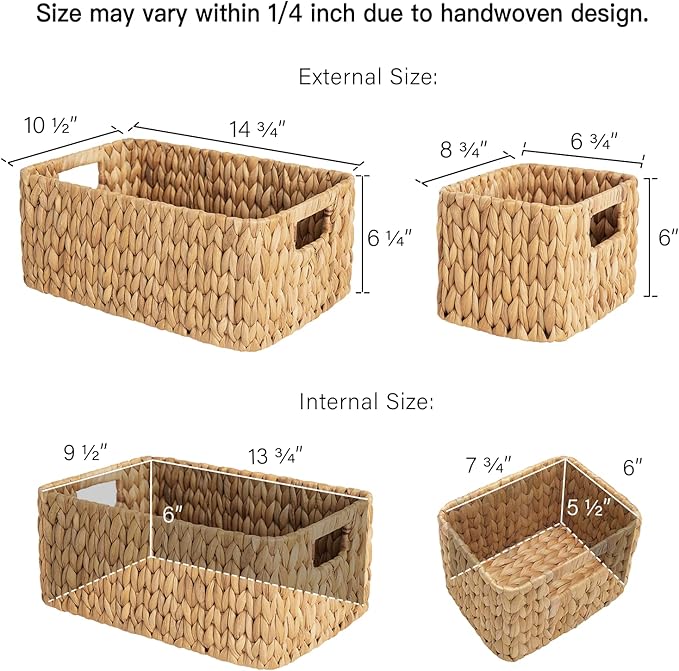 StorageWorks Wicker Storage Baskets for Shelves, Water Hyacinth Storage Baskets for Organizing, Wicker Basket for Bathroom Set of 3 (1PC Large, 2PCS Medium)