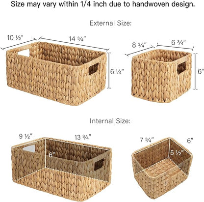 StorageWorks Wicker Storage Baskets for Shelves, Water Hyacinth Storage Baskets for Organizing, Wicker Basket for Bathroom Set of 3 (1PC Large, 2PCS Medium)