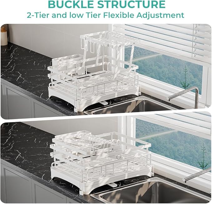 HANLE 2 Tier Large Dish Drying Rack - Extendable Dish Rack, 2-in-1 Anti-Rust Stainless Steel Dishrack for Kitchen Counter and Sink, Dish Strainer with Utensil Holder & Cup Holder(White)