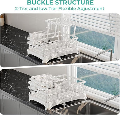 HANLE 2 Tier Large Dish Drying Rack - Extendable Dish Rack, 2-in-1 Anti-Rust Stainless Steel Dishrack for Kitchen Counter and Sink, Dish Strainer with Utensil Holder & Cup Holder(White)