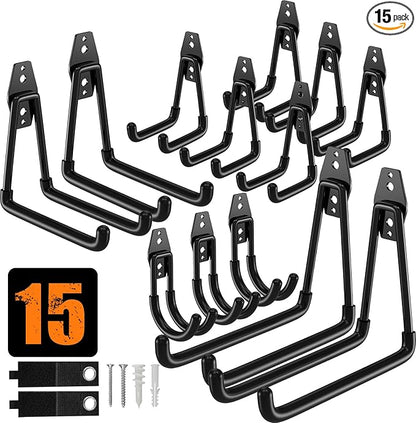 QcoQce 15 Pack Garage Hooks Heavy Duty with 2 Extension Cord Straps,Garage Storage Hooks, Wall Mount Hooks, Garage Organization and Tool Hangers for Bike, Ladder, Ropes and Garden Tools
