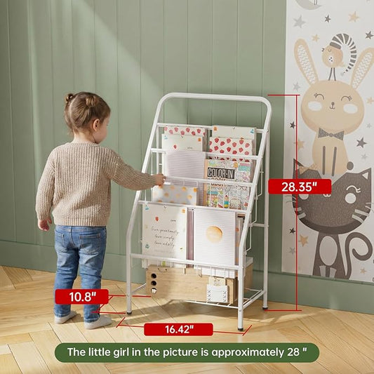 JAQ White Kids Bookshelf, 4-Tier Metal Book Display Rack for Small Spaces, Modern Toddler Bookshelf for Nursery & Playroom, Space-Saving Forward Facing Child Bookcase (28.35" Height, White)