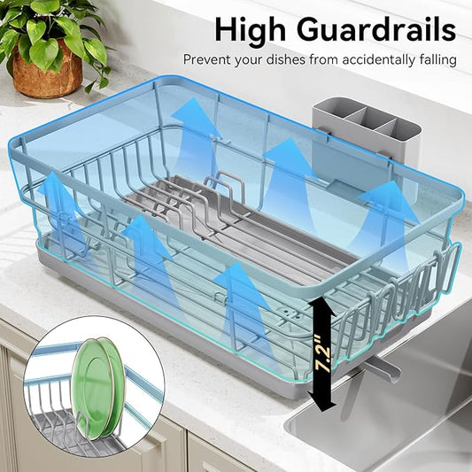 TOOLF Large Dish Drying Rack for Kitchen Counter,Kitchen Dish Racks with Drainboard,Sink Dish Strainer Rack,Countertop Dish Drainer Rack with Cup & Utensil Holders,Gray