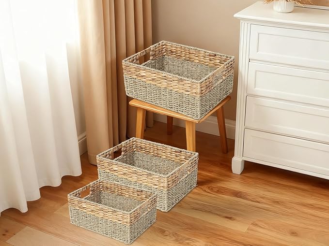 YAHUAN Natural Water Hyacinth & Seagrass Woven Storage Baskets – Wicker Storage Basket Organizer Bins with Handles for Home & Office Pantry Shelf (Set of 3)