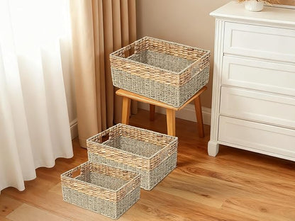 YAHUAN Natural Water Hyacinth & Seagrass Woven Storage Baskets – Wicker Storage Basket Organizer Bins with Handles for Home & Office Pantry Shelf (Set of 3)