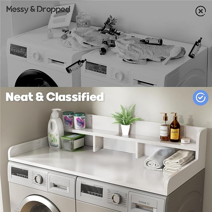 Washer Dryer Countertop, Laundry Wood Shelf Topper with Edge, 2-Tier Laundry Countertop, for Washer and Dryer Laundry Hamper Counter Storage Organization (White)