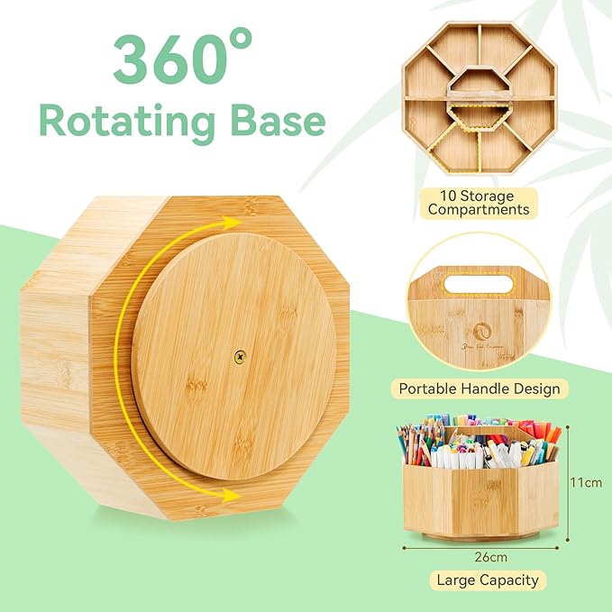 Ohuhu Rotating Marker Organizer for Alcohol Markers, 360-Degree Rotating Bamboo Storage Hold 162 Honolulu& B Alcohol Markers, Pens Pencil Holder with 8 Compartments for Home Classroom Office Decor