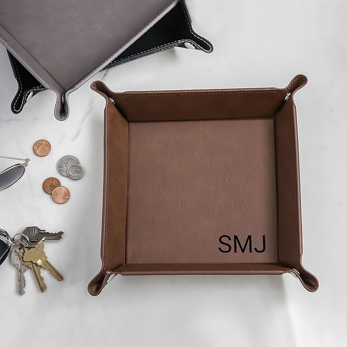 Lifetime Creations Monogrammed Valet Tray (Black) - Personalized Vegan Leather Catchall, Change Tray, Groomsmen Gift, Desk Dresser Organizer