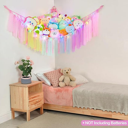 FIOBEE Stuffed Animals Net or Hammock with LED Light, Toy Hammock Hanging Stuffed Animals Storage Organizer Holder Room Décor for Nursery Kids Bedroom