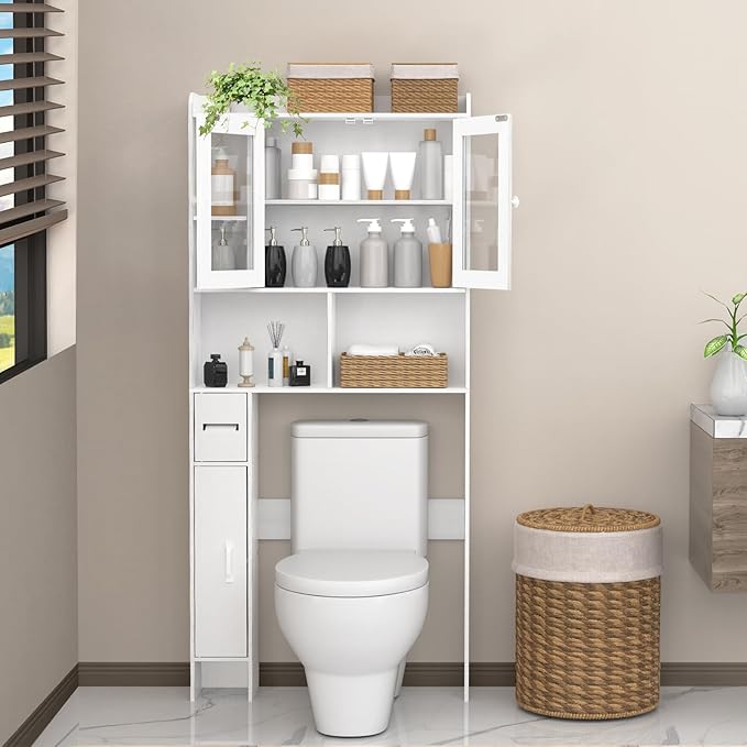OGEMXU Over The Toilet Storage Cabinet, Behind Toilet Bathroom Organizer with Transparent Doors, Home Space-Saving Above Toilet Shelf Rack, for Bathroom, Restroom, Laundry (White)