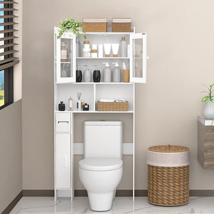 OGEMXU Over The Toilet Storage Cabinet, Behind Toilet Bathroom Organizer with Transparent Doors, Home Space-Saving Above Toilet Shelf Rack, for Bathroom, Restroom, Laundry (White)