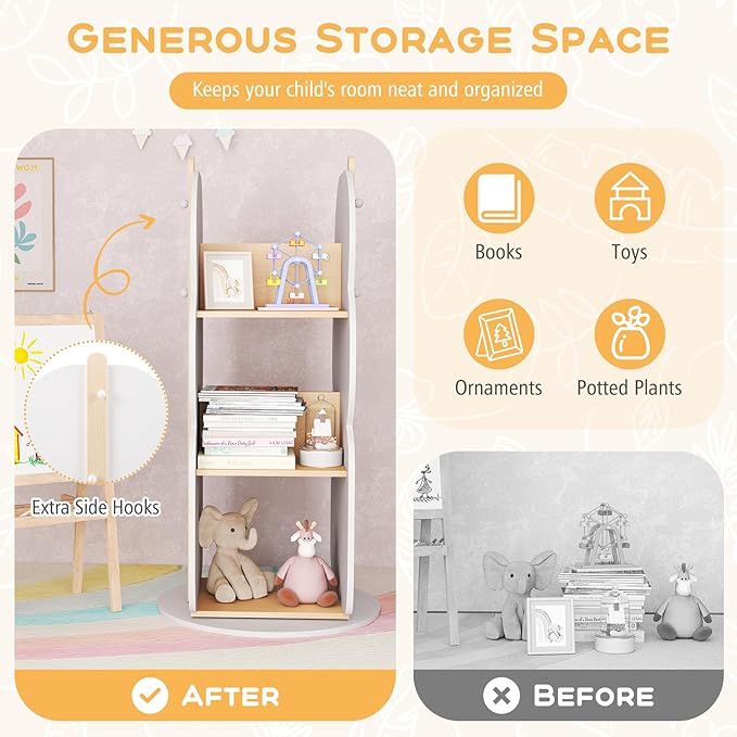 Costzon Kids Rotating Bookshelf, 3-Tier Small Book Shelf w/12 Sectors, 360° Display Spinning Bookshelf Tower, Wooden Revolving Bookcase for Kid's Room, Living Room, Daycare, Small Spaces (White)
