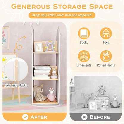 Costzon Kids Rotating Bookshelf, 3-Tier Small Book Shelf w/12 Sectors, 360° Display Spinning Bookshelf Tower, Wooden Revolving Bookcase for Kid's Room, Living Room, Daycare, Small Spaces (White)