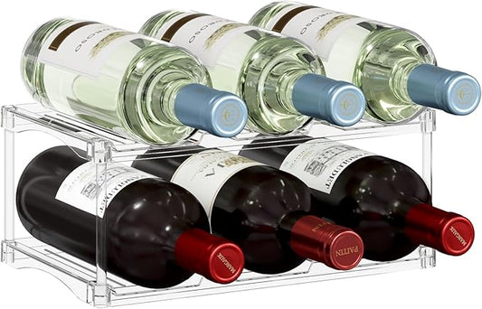Lifewit Stackable Bottle Storage Organizer, Clear Freestanding Wine Holder for Cabinet, Large Slot Water Bottle Tumbler Cup Organizer for Pantry, Plastic Wine Rack for Fridge Cellar, 2Tier Hold 6