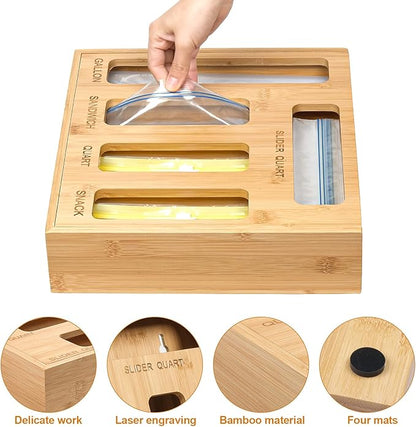 Plastic Bag Organizer for Drawer, Bamboo Food Storage Bags Container Organizer with Slider, Baggie Bags Storage for Drawer Compatible with Gallon, Sandwich Variety Size Bags