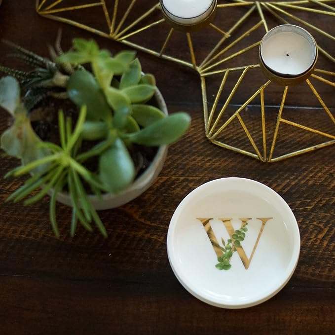 Cedar and Ink Ring Dish with Personalized W in Gold Foil & Greenery, Monogrammed Jewelry Dish, Accessories & Wedding Ring Holder, Dressing Table Tray (W)