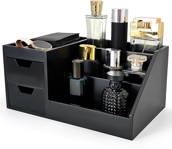 UUyuality Countertop Perfume & Makeup Organizer - Wooden Rack, Cologne Stand Shelves & Skincare Organizer for Bedroom Dresser, Organizador de Perfumes Estante para Perfumes (Middle, 01) (Black, 01)
