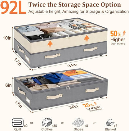 Dolicer 2 Pack Under Bed Storage with Wheels, 6in-10in Height Adjustable Underbed Storage Containers, 92L XXXL Under Bed Drawers Rolling Bin with Clear Lids for Dorm Shoes Clothes Organizers(Grey)