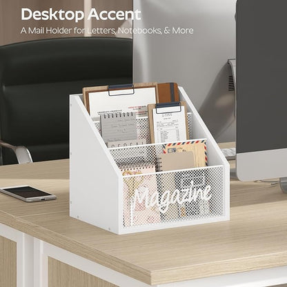 Magazine Holder, Wood Magazine Rack Floor, Mail Organizer Countertop, Magazine Mail Holder Sorter, Record Holder for Magazines, Books, Newspapers, Tablets, White MR02WW