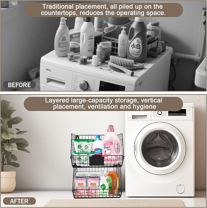 2 Pack Laundry Room Organization and Storage Basket,Wire Stackable Hanging Shelves with 2 Hook,Foldable Laundry Room Accessories Organizer,Hanging Closet Organizer for Towels,Detergent,Tissues