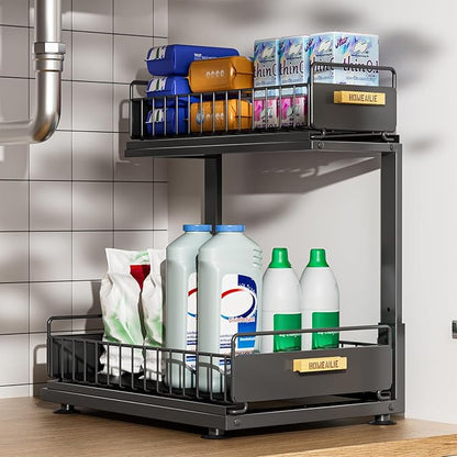 Under Sink Organizer, High Adjustable 2 Tier Under Kitchen Sink Organizer, Multi-Purpose Storage Shelf for Kitchen Bathroom Cabinet, Black