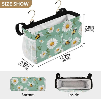 CuwrYet Bedside Caddy Hanging Bunk Bed Caddy Bed Organizer Hanging Pocket with 2 Hooks Bedside Storage Organizer Pocket Bag Holder Mint Green Daisy Flowers and Bees