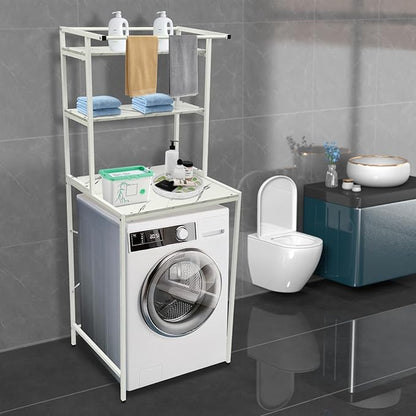 Over The Washer and Dryer Storage Shelf, 3-Tier Bathroom Room Shelf Storage Utility Rack Over The Toilet Washer Dryer Heavy Duty Laundry Room Organizer Bathroom Space Saving Organizer (White+Marble)