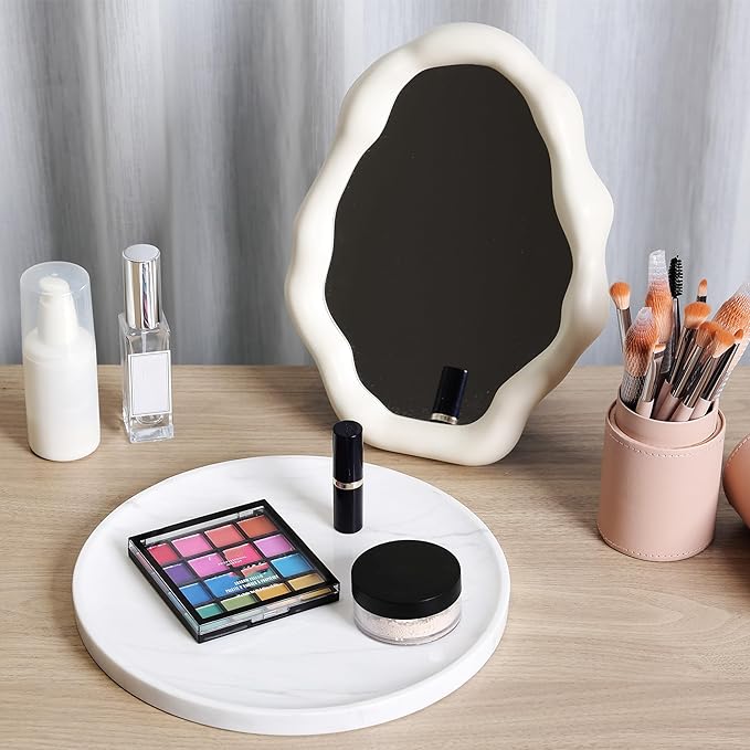 Natural Marble Decorative Tray for Bathroom Bedroom Kitchen Dresser, 9.8” Round Vanity Trays for Jewelry, Perfume, Cosmetic, Candle, Countertop Storage Organizer for Home Decor White (Volakas)