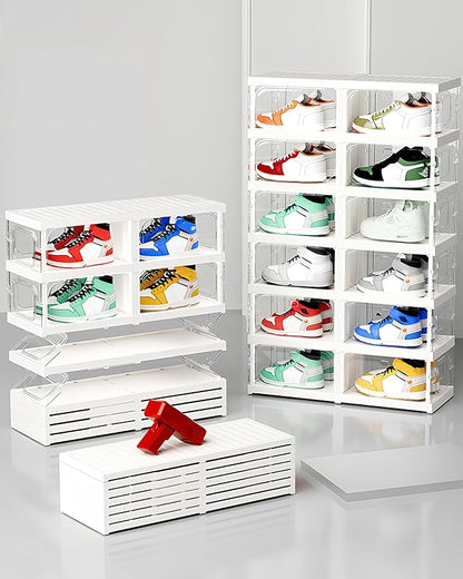 RILBOX X-Large Sturdy Foldable Shoe Rack Sneaker Container Clear Plastic Stackable Space Saving Shoe Storage Boxes Organizers Bin Holder with Lids for Entryway, Closet 6 Tier - 14.0" W Hold 6 Pairs