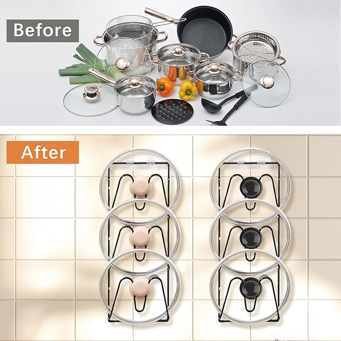 KoMvzyl 2 Pack Pot Lid Organizer, 6-Tier Pots & Pans Lid Holder Organizer for Cabinet or Wall/Door Kitchen Storage, No-Drill Adhesive Mount, Space-Saving Solution