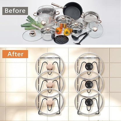 KoMvzyl 2 Pack Pot Lid Organizer, 6-Tier Pots & Pans Lid Holder Organizer for Cabinet or Wall/Door Kitchen Storage, No-Drill Adhesive Mount, Space-Saving Solution