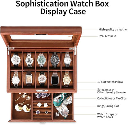 HELMDY Leather Watch Box with Drawer-10 Slots Locking Jewelry Watches Holder for Men-Luxury Watch Case Display Organizer-2 Tier Organizer Watch Showcase-Storage Case