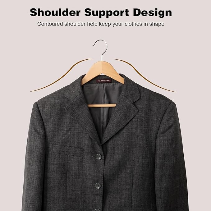 Hapmira Premium Wooden Hangers 10 Pack, Natural Solid Wood Hangers with Trouser Rods and Shoulder Notches, Space Saving for Suits, Shirts, Jackets, Dresses and Pants (20, Natural)