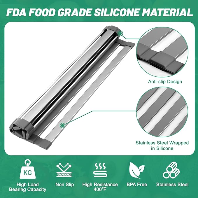 Hobychild 19" X 13" Roll Up Dish Drying Rack，Over The Sink Drying Rack 304 Stainless Steel Foldable Heat-Resistant Dishes Drainer for Kitchen and RV Sink Counter