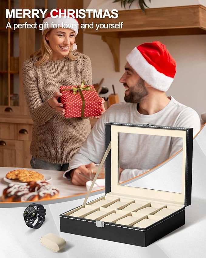 Uten Watch Box, 10 Slots Watch Case, Watch Box Organizer Jewelry Storage with Large Glass Lid, Watch Display Case, Watch Box for Men & Women