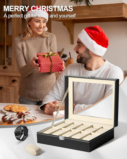 Uten Watch Box, 10 Slots Watch Case, Watch Box Organizer Jewelry Storage with Large Glass Lid, Watch Display Case, Watch Box for Men & Women