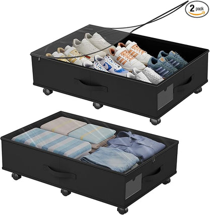 Babenest 2-Pack Under Bed Storage Organizer with Clear Zippered Lid, Foldable Rolling Underbed Drawers on 6 Wheels, Space Saving Clothes, Shoes, Toy Storage for Bedroom, Dorm, Closet
