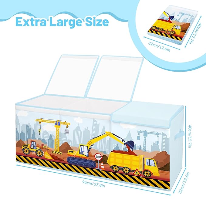 Toy Storage Bin with Lids,Extra Large Toy Box Chest with Handles for Kids Boys Girls,Collapsible Storage Organizer Box Bin Basket for Bedroom,Playroom, Nursery,37.8"x12.6" x15.7",Engineering vehicle