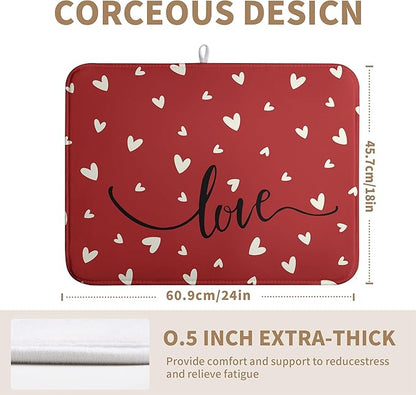 Wnoesat Valentines Day Dish Drying Mat 18x24 Inch Valentine Red Love Heart Drying Mats for Kitchen Counter Super Absorbent Microfiber Large Dish Drying Pad Heat Resistant Dish Draining Rack Mat