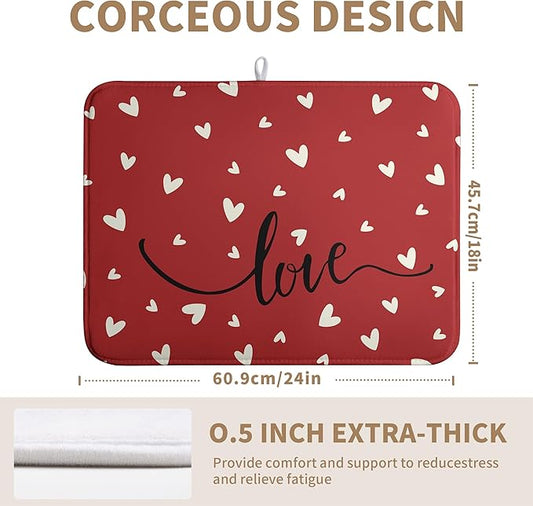 Wnoesat Valentines Day Dish Drying Mat 18x24 Inch Valentine Red Love Heart Drying Mats for Kitchen Counter Super Absorbent Microfiber Large Dish Drying Pad Heat Resistant Dish Draining Rack Mat