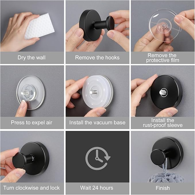 PZTO Suction Cup Hooks:Metal Hanger,for Galss Window Door & Tile Wall,Shower Bathroom Towel Holder Hanging Hook, 2 Pack (Matte Black)