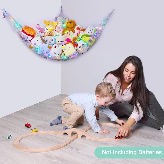 Unicorn Castle Stuffed Animals Net or Hammock Kids Toy Storage Organizer with LED Light Hanging Corner Stuffed Animals Holder Kids Girls Room Decor,Grey,Large (Pack of 1)