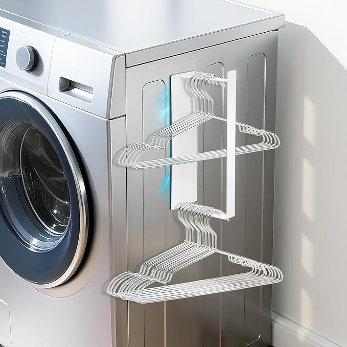 Magnetic Hanger Organizer, Strong Magnetic Hanger Holder for Washing Machine Laundry Room Organization Space Saving Hangers Storage Rack Stacker, White